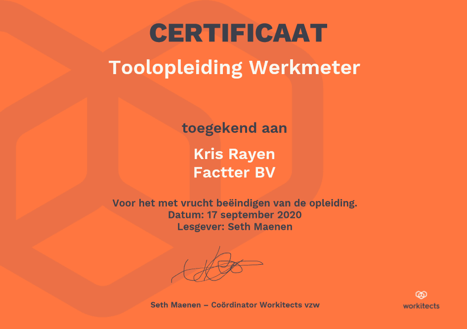 Certificaat: Kris Rayen als gecertificeerd Werkmeter-begeleider (Workitects, 2020)