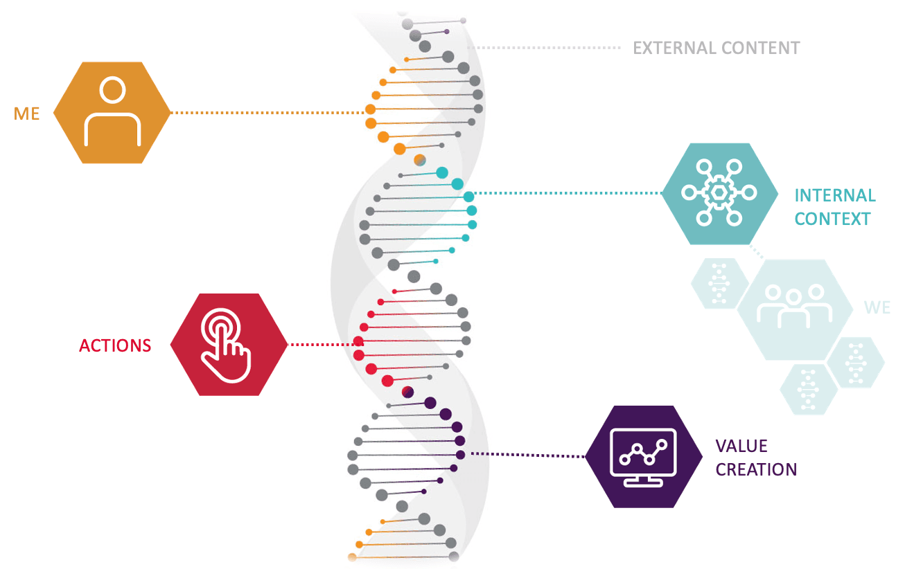 Het leiderschaps-DNA met vier bouwstenen: Zelfleiderschap, Organisatieklimaat, Acties en Waardecreatie