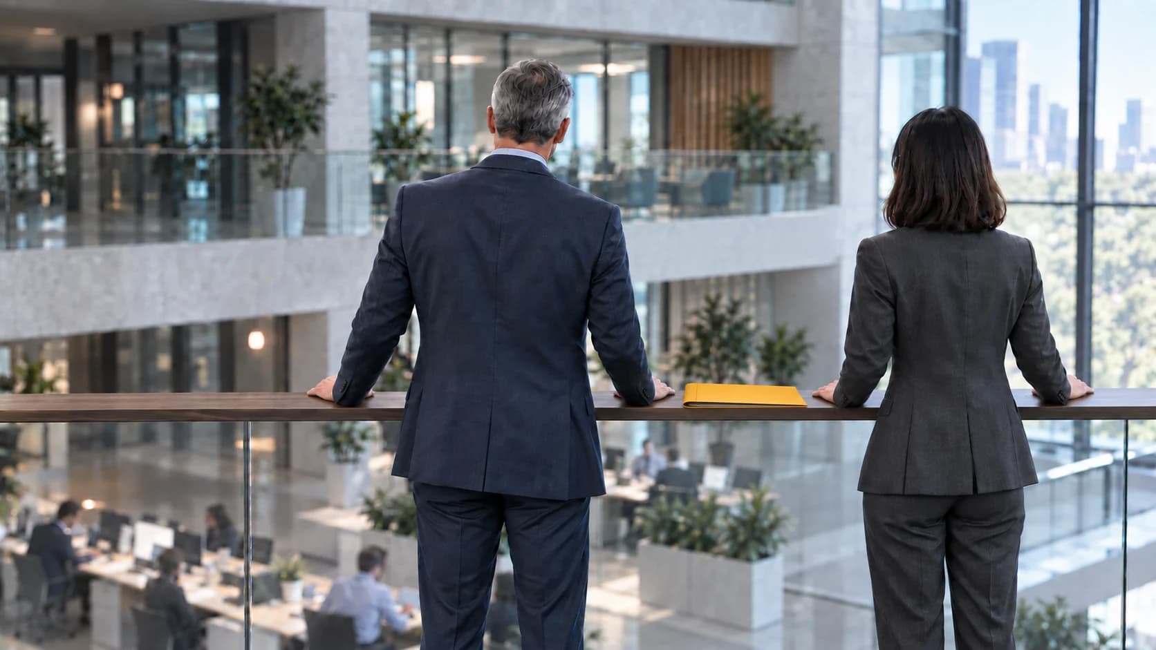 Two people seen from behind at a glass balustrade, looking out over a working floor; a golden-yellow folder lies on the rail between them.