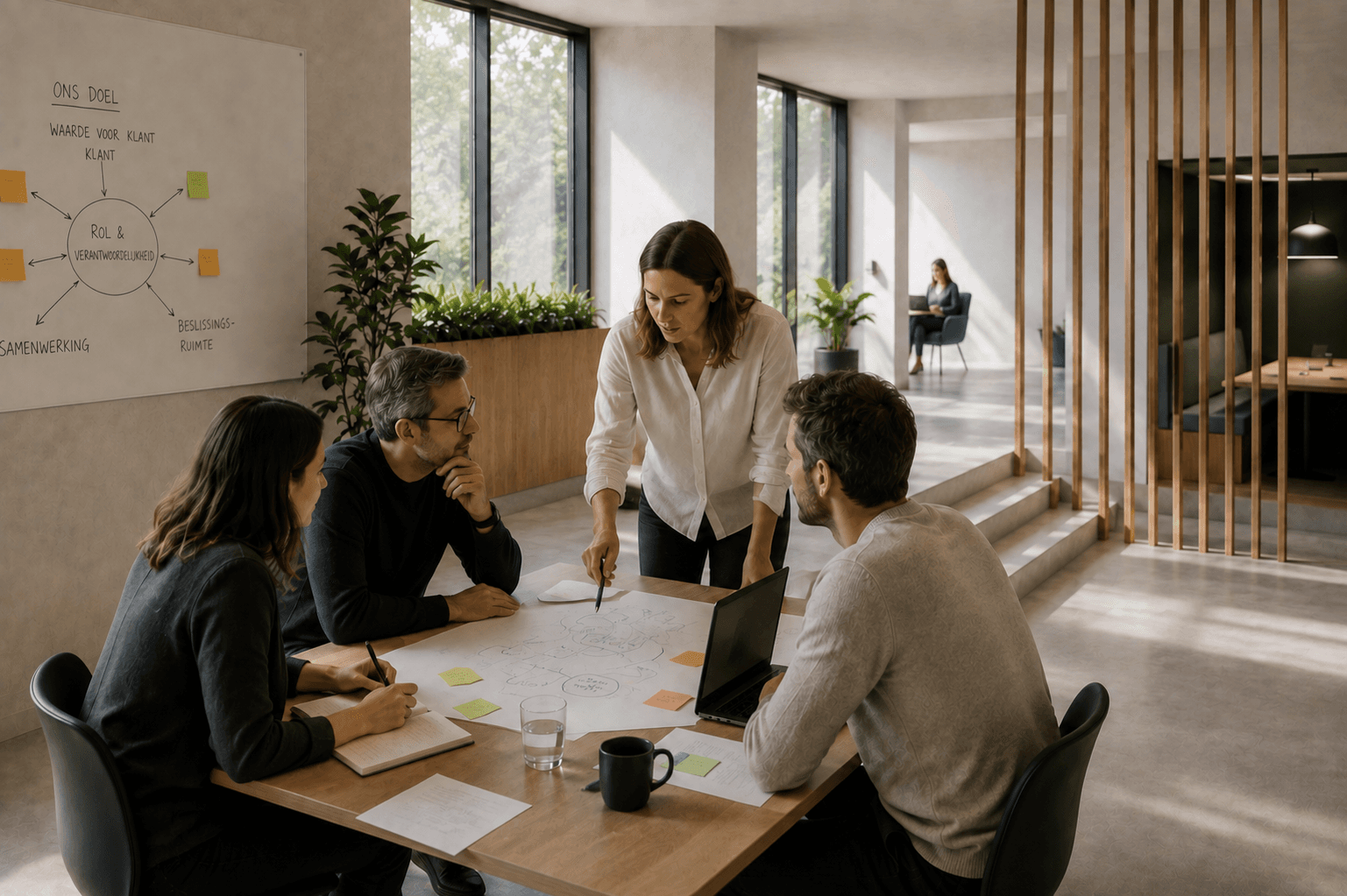 Team werkt actief aan rollen, besluitvorming en samenwerking rond een gedeeld werkmodel.