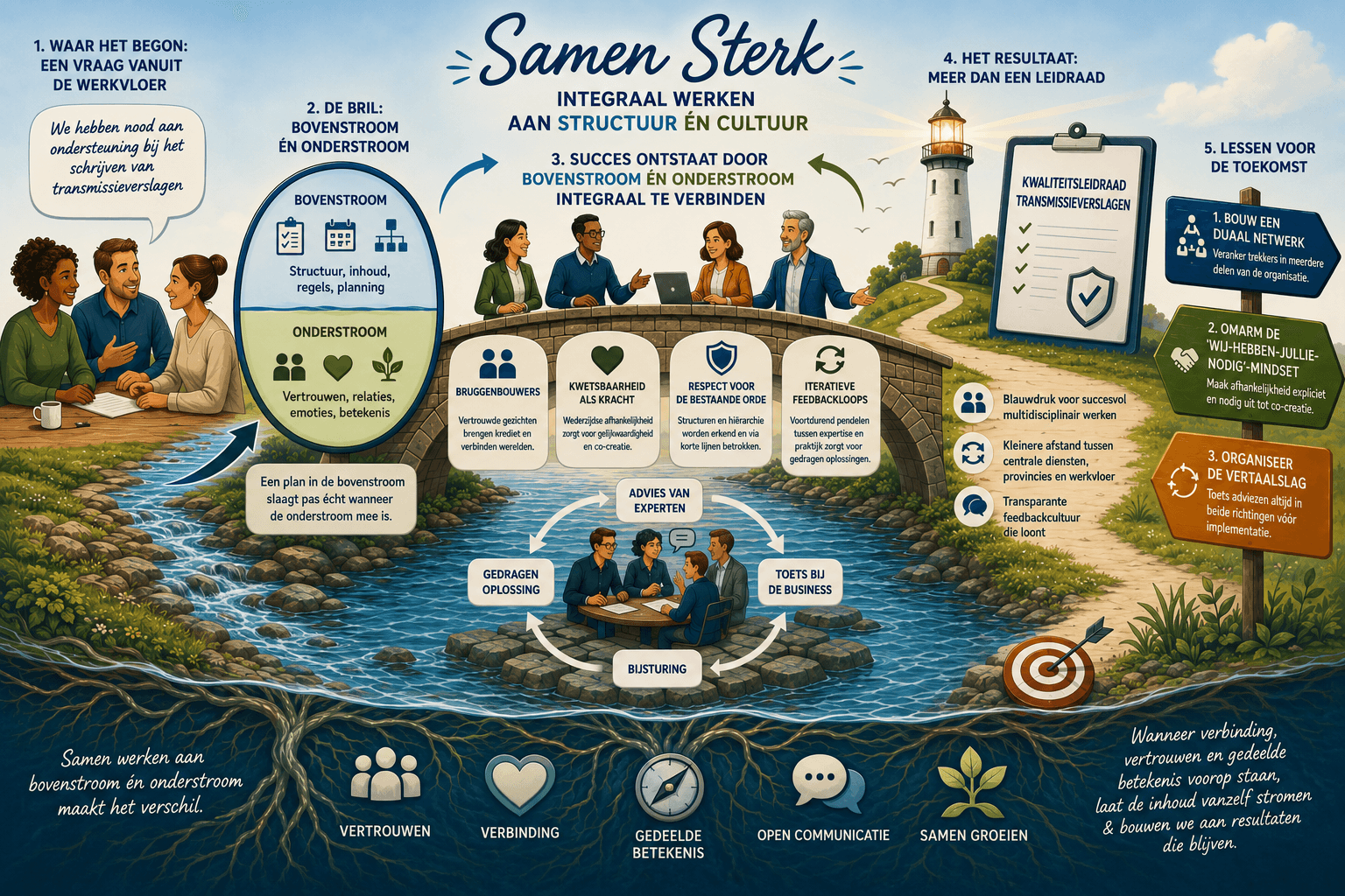 Samen Sterk - infographic over integraal werken aan bovenstroom en onderstroom, met de vijf bouwstenen van de best practice.