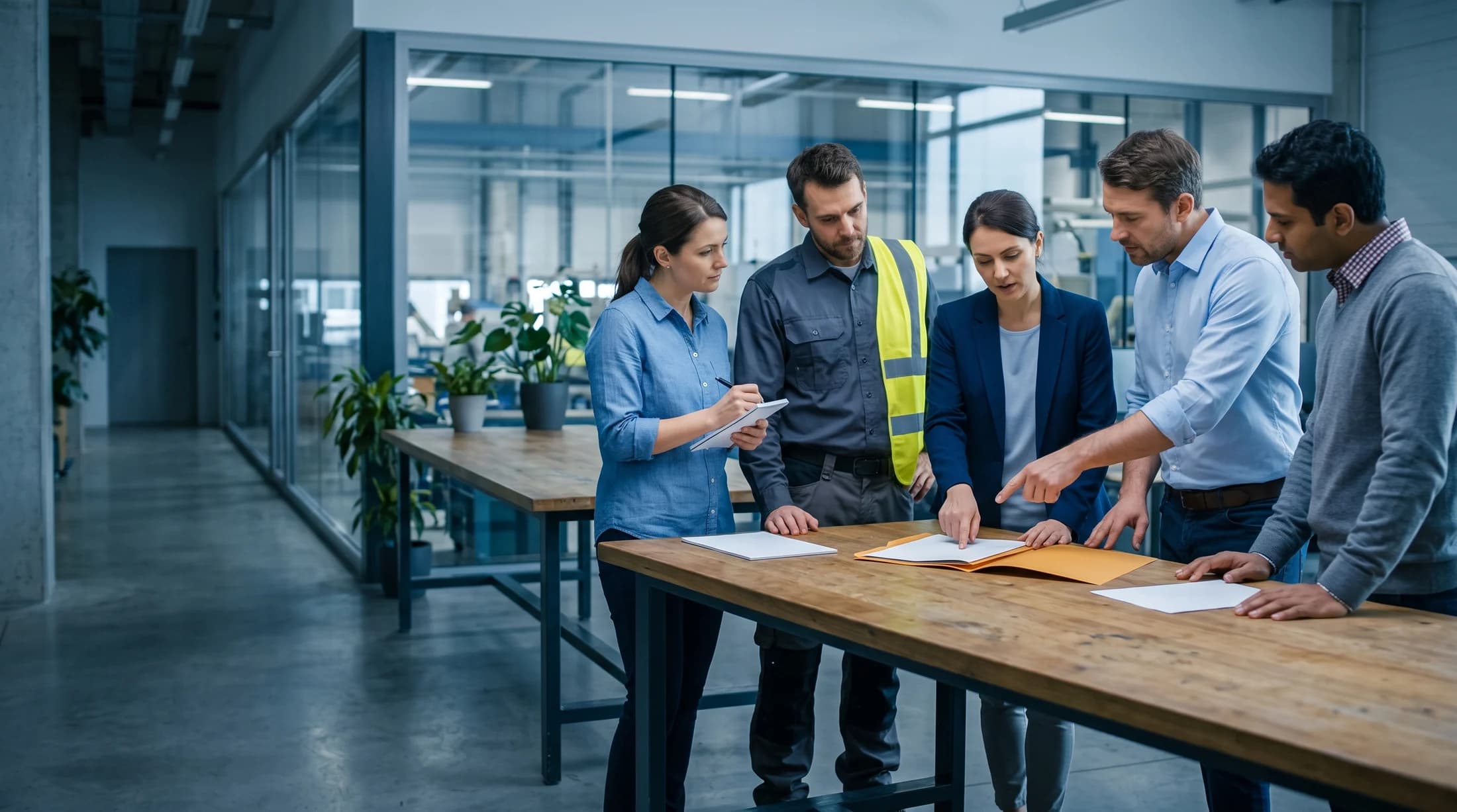 Vijf mensen met verschillende rollen - werkkledij, hemd, blazer - staan samen rond een open dossier op een werktafel; achter de glazen wand een werkplaats.