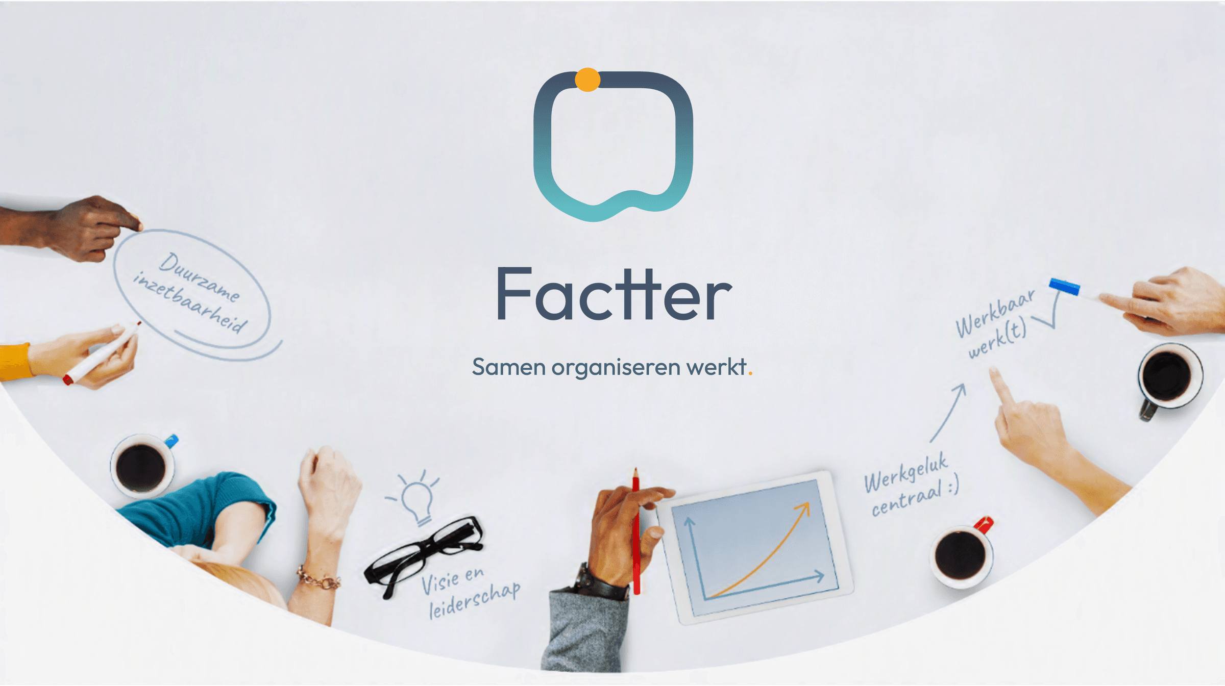Factter - Samen organiseren werkt. Team rond een tafel met sleutelthema's van Factter: duurzame inzetbaarheid, visie en leiderschap, werkgeluk centraal, werkbaar werk.