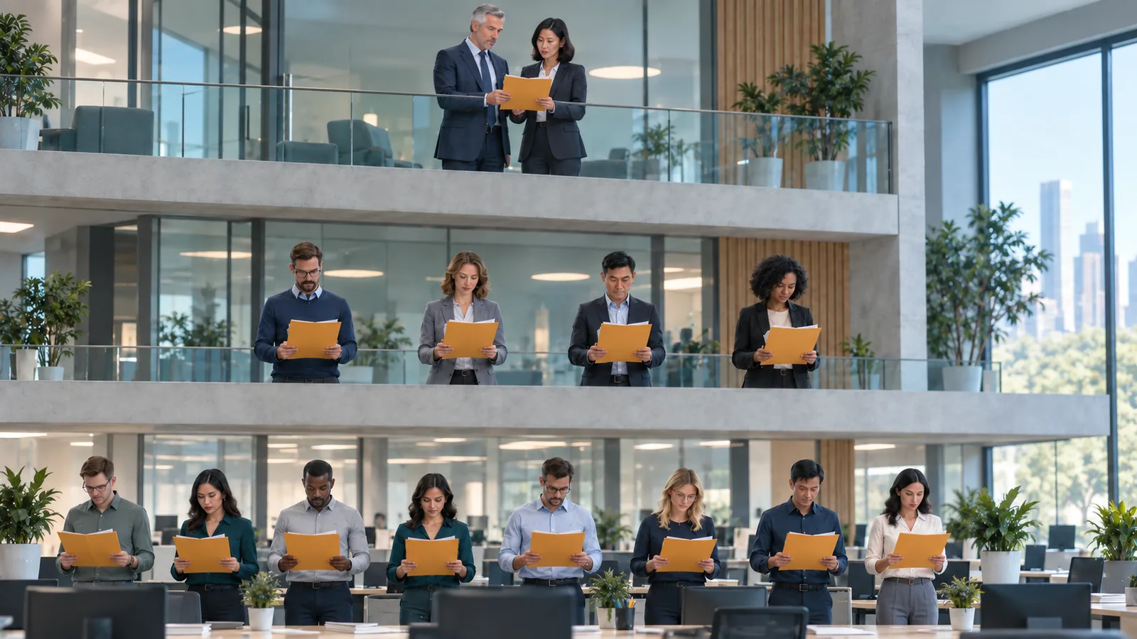 An office building with three floors. At the top two board members hold one amber folder, on the middle floor four managers hold the same folder, and on the ground floor eight employees hold it again.