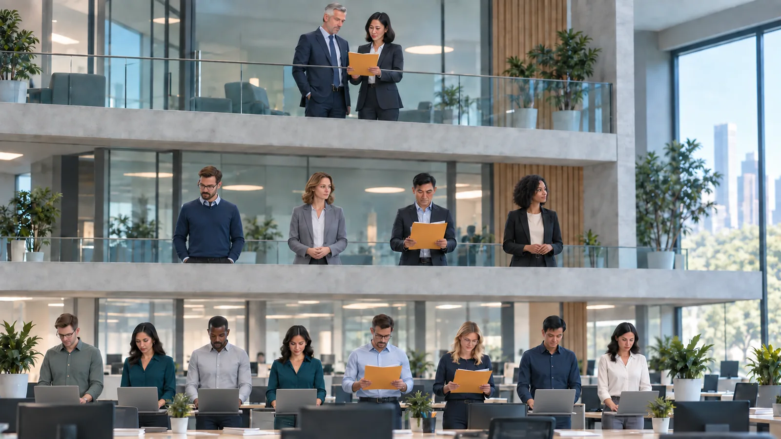 The same office building with the same people. Now only some of them carry the amber folder: one board member, one manager on the middle floor and two employees directly below. The others are working on their own work.